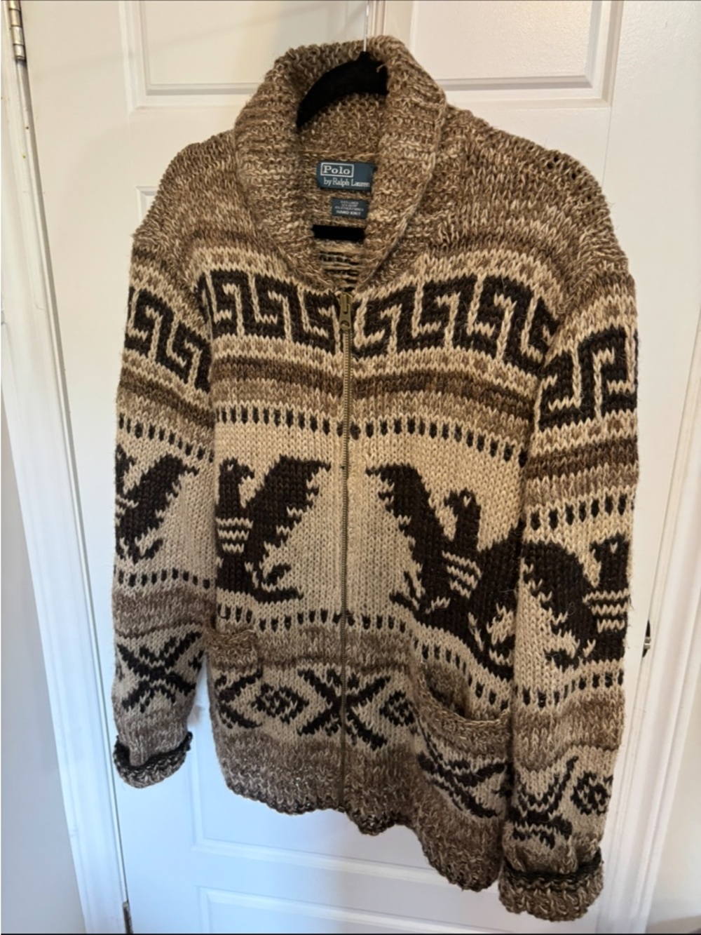 Ralph Lauren Brown and Cream Zip-Up Eagle Pattern Sweater